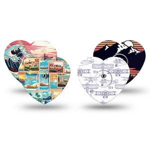 ExpressionMed Wander & Roam Variety Pack Freestyle Libre 3 and Libre 3 Plus Heart Shape Tape 4-Pack Tape and 4-Pack Sticker Variety, Mountains and Waves, Patch CGM Design