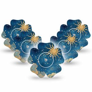ExpressionMed Mystic Skies Freestyle Libre, Libre 2 Plus, and Abbott Lingo Flower, 5-Pack Tape and 5-Pack Sticker Whimsical sun and stars Waterproof Plaster for Continuous Glucose Monitor