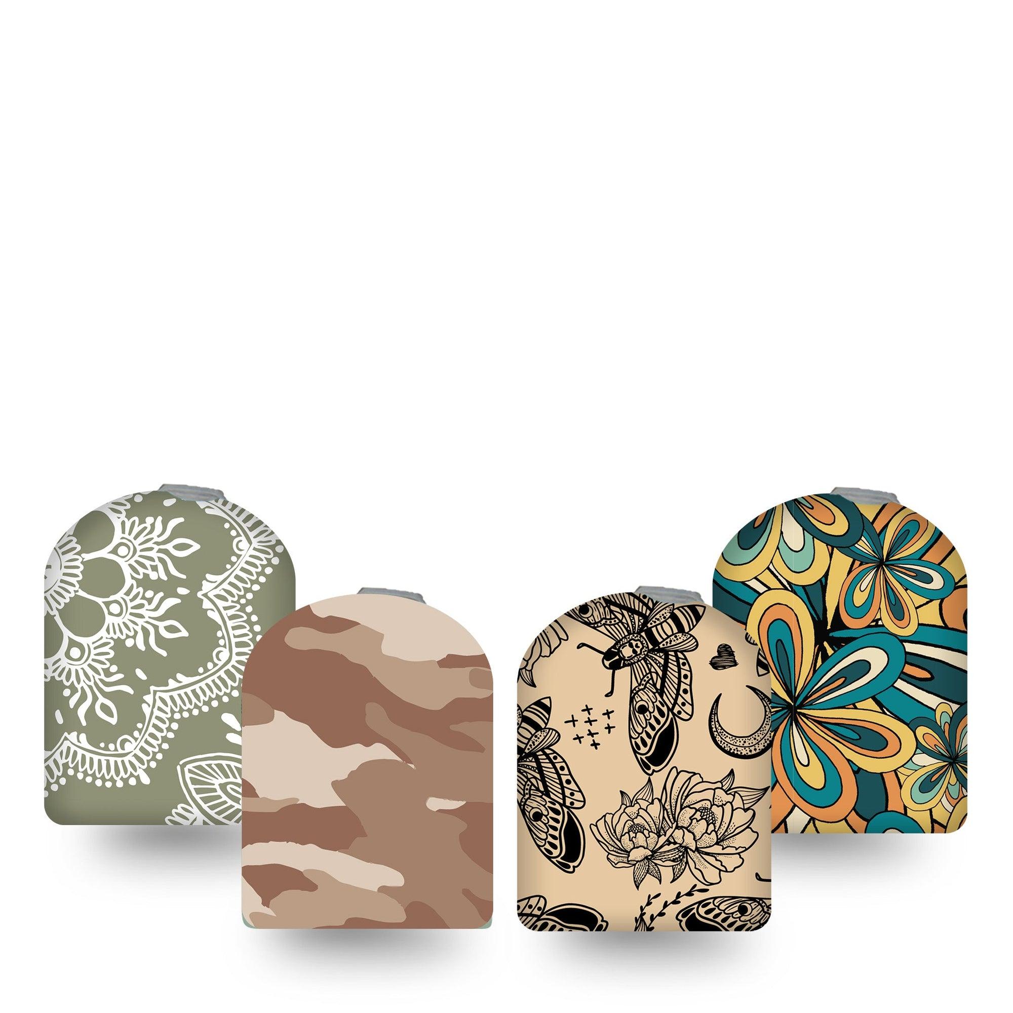 ExpressionMed Khaki Florals Variety Pack Omnipod Full Wrap Center Sticker 4-Pack Sticker Variety Intricate Floral and Bug Patterns, Vinyl Decoration Pump Design