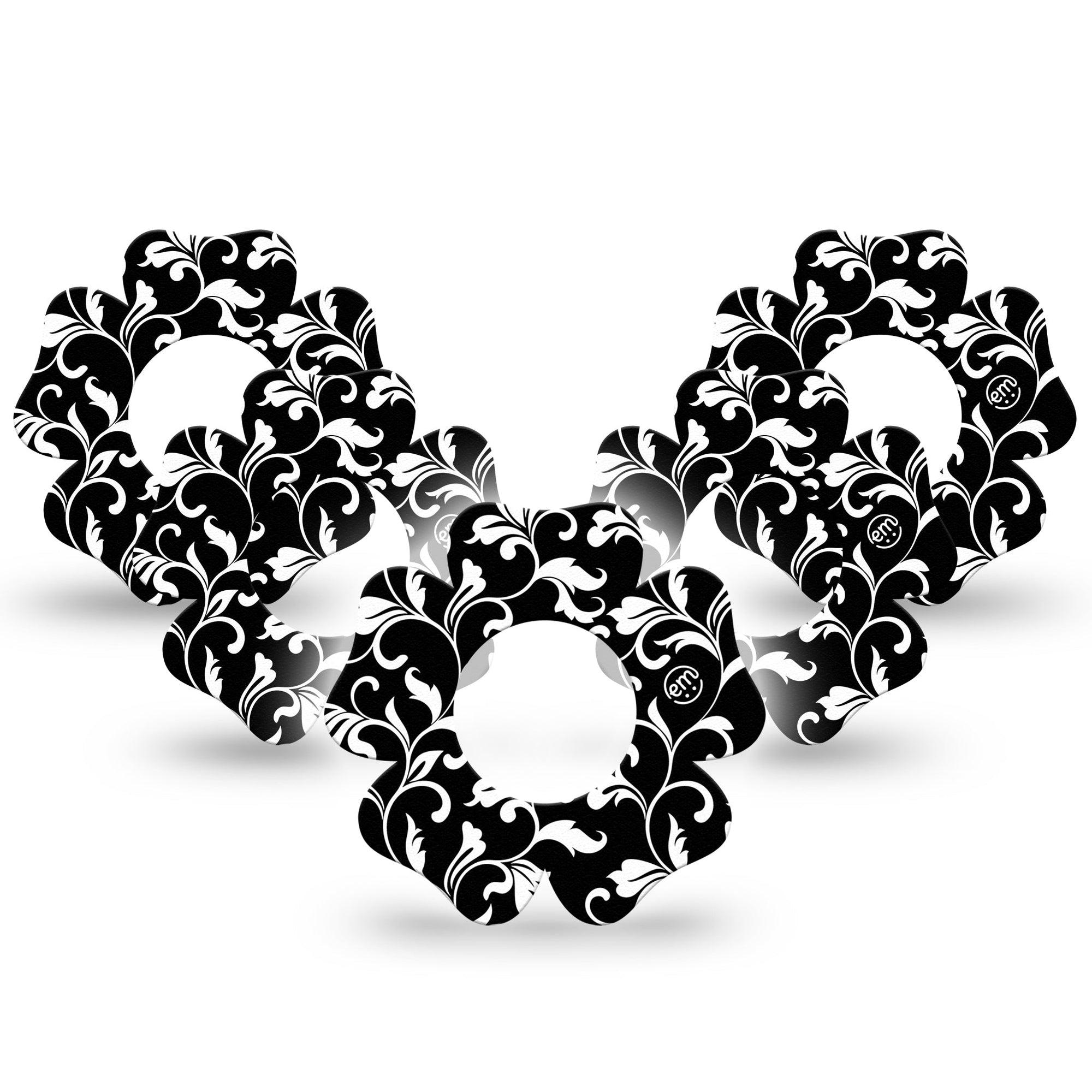 ExpressionMed Fleur de lis Freestyle Libre 2, Abbott Lingo, Flower Shape Tape 5-Pack Black and White vines Adhesive Tape CGM Design