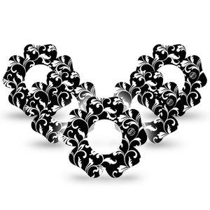 ExpressionMed Fleur de lis Freestyle Libre 2, Abbott Lingo, Flower Shape Tape 5-Pack Black and White vines Adhesive Tape CGM Design