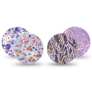 ExpressionMed Garden Party Freestyle Libre, Libre 2 Plus, and Abbott Lingo OverPatch, 4-Pack Tape Whimsical purple prints Fixing Ring Patch for Continuous Glucose Monitor