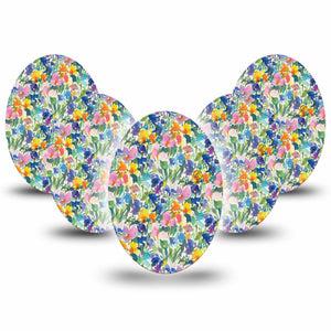 ExpressionMed Summer Fling Medtronic Guardian Enlite Universal Oval, 5-Pack Tape Blue Summer Florals, Plaster CGM Design