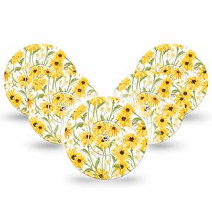 ExpressionMed Yellow Mosaic Floral Freestyle Libre and Libre 2 Plus Tape, Abbott Lingo, 5-Pack Tape and 5 -Pack Sticker Gold Sunflower Garden, Fixing Ring Tape Continuous Glucose Monitor Design