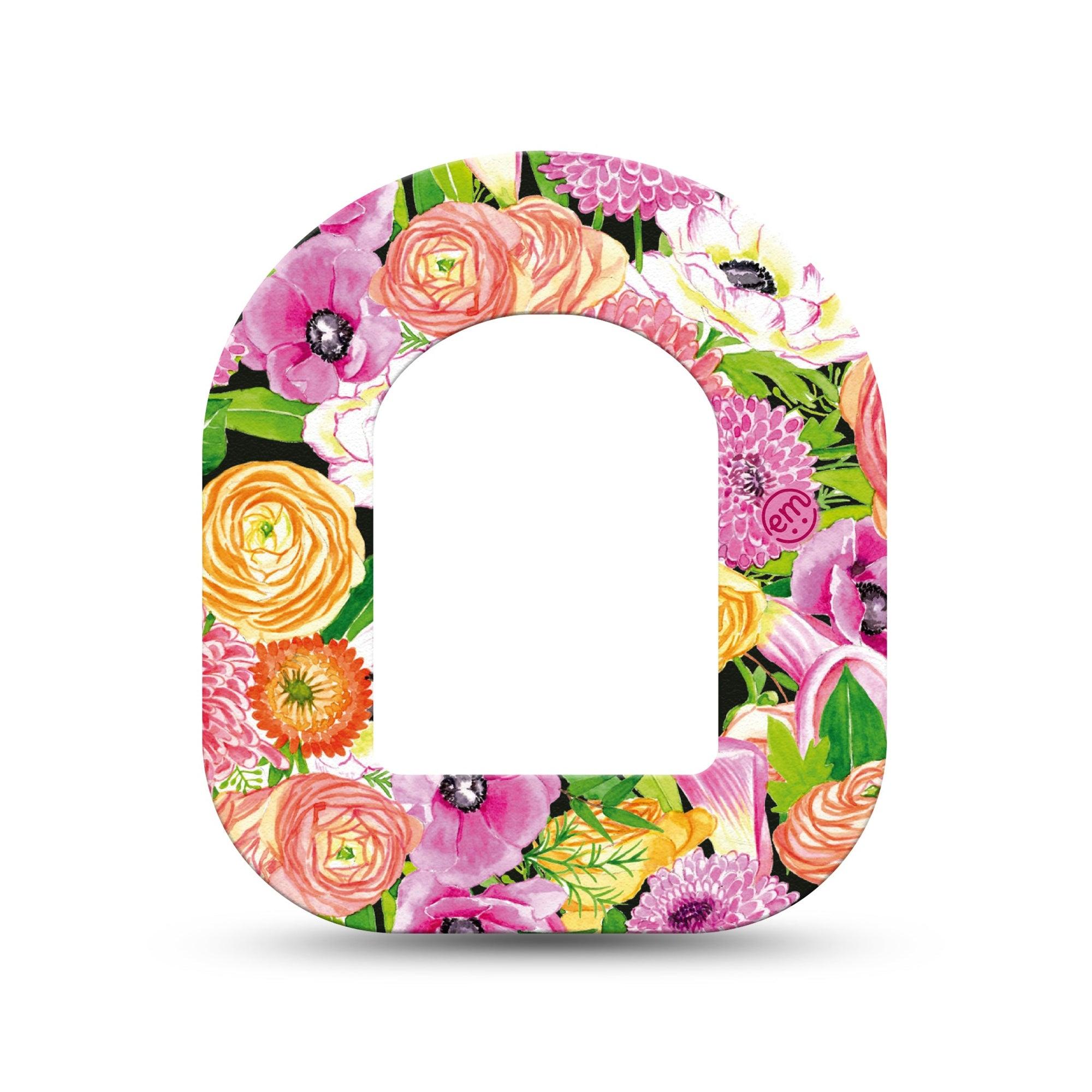 ExpressionMed Hand Painted Omnipod Mini Tape Single Tape Pink Orange Flower Bouquet Adhesive Tape Pump Design