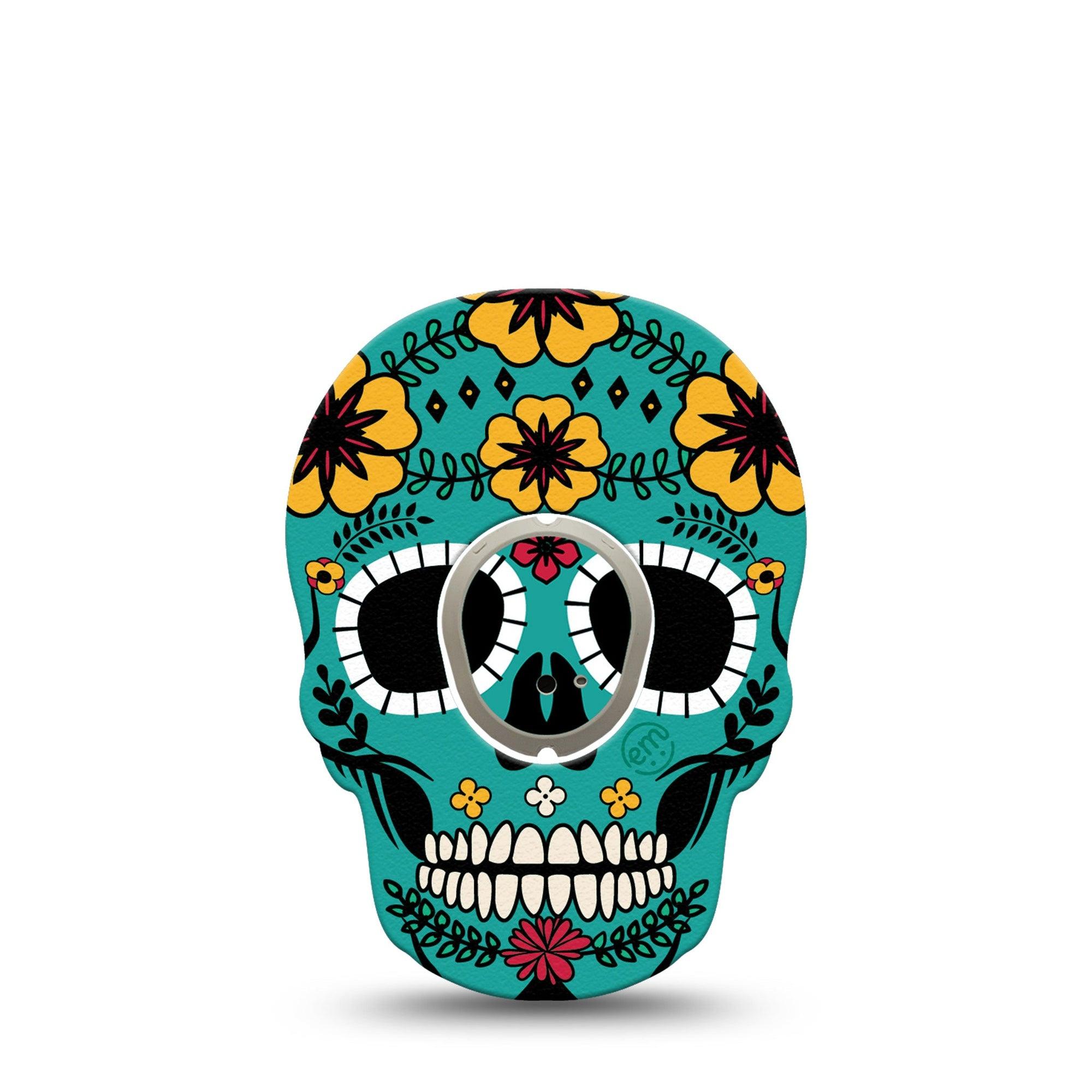 ExpressionMed Teal Skull Dexcom G7 Skull Shape Tape, Dexcom Stelo Glucose Biosensor System, Single Tape and Single Sticker Sugar Skull Petals Overlay Patch CGM Design