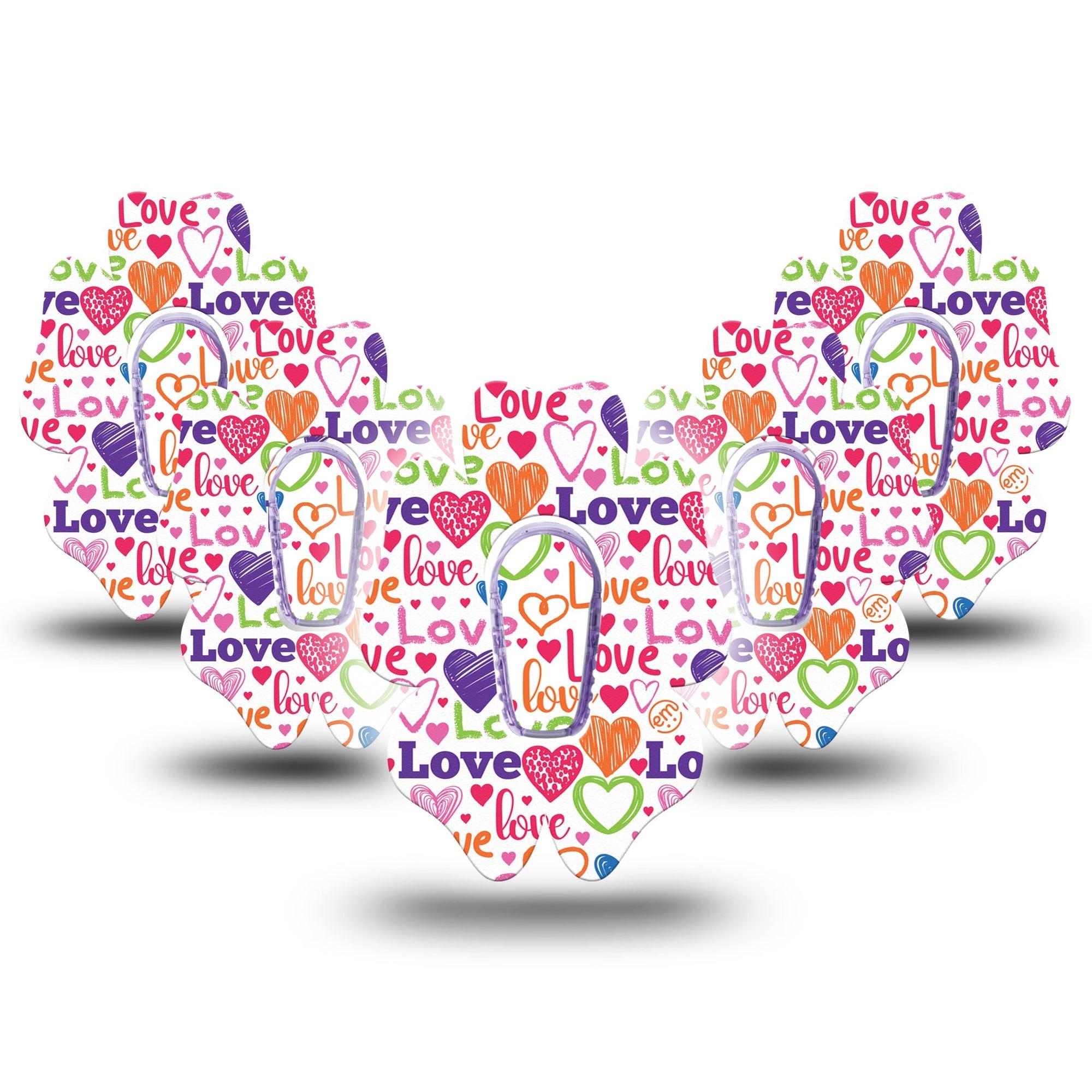 ExpressionMed Abundance of Love Dexcom G6 Flower Shape Tape 5- Pack Tape and 5- Pack Sticker Love Doodles, Adhesive Patch Continuous Glucose Monitor Design