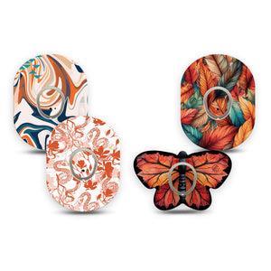 ExpressionMed Falling Leaves Forever Variety Pack Dexcom G7 Tape, Dexcom Stelo Glucose Biosensor System, 4-Pack Tape and 4-Pack Sticker Variety, Cozy Leaves and Swirls Overlay Tape CGM Design