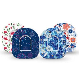 ExpressionMed Red, White & Bloom Variety Pack Omnipod Tape 4-Pack Tape and 4-Pack Sticker Variety Declaration of Blue Independence, Adhesive Patch Pump Design