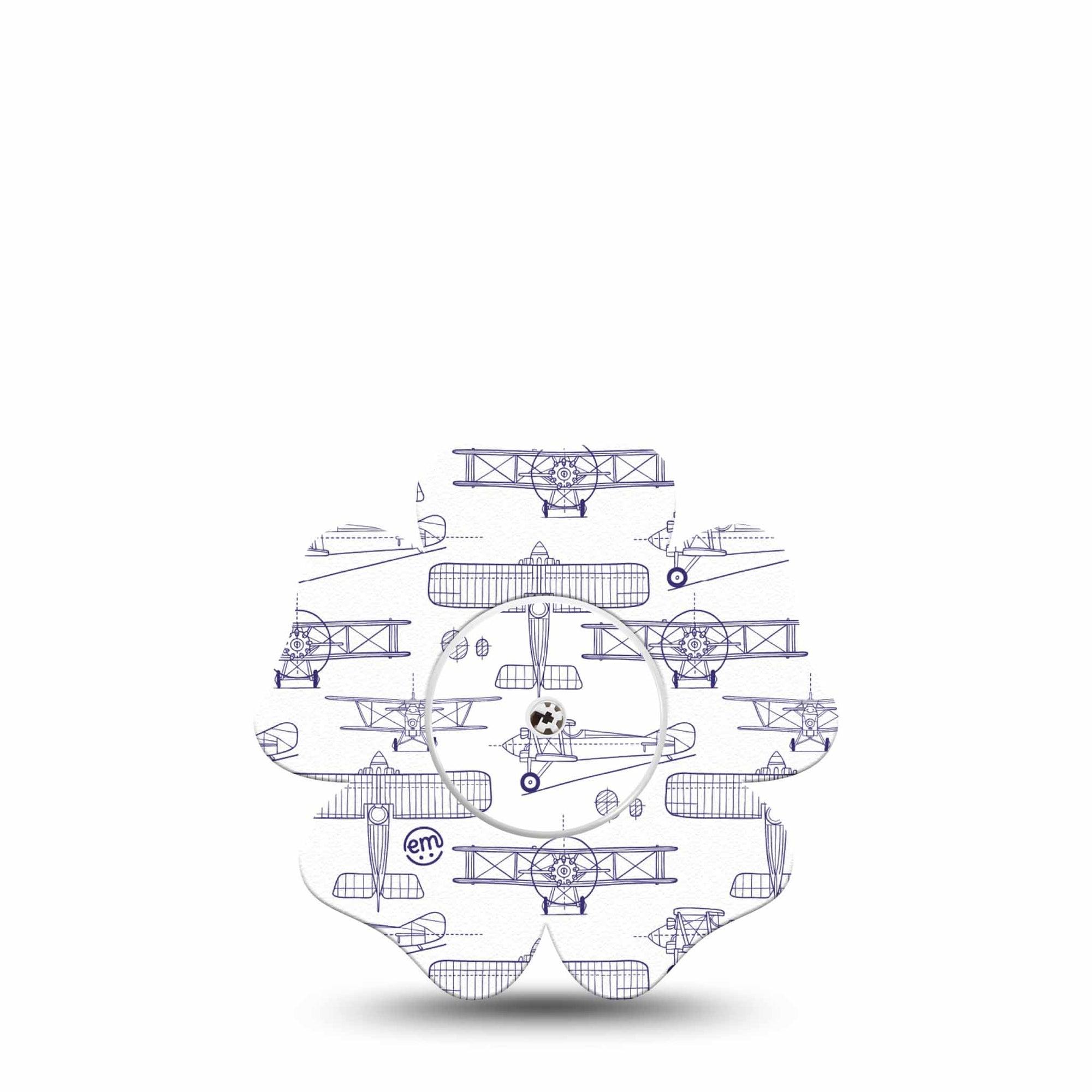 ExpressionMed Airplane Freestyle Libre 2 and Libre 2 Plus Flower Shape Tape, Abbott Lingo, Single Tape and Single Sticker Stenciled Aircraft, Plaster CGM Design