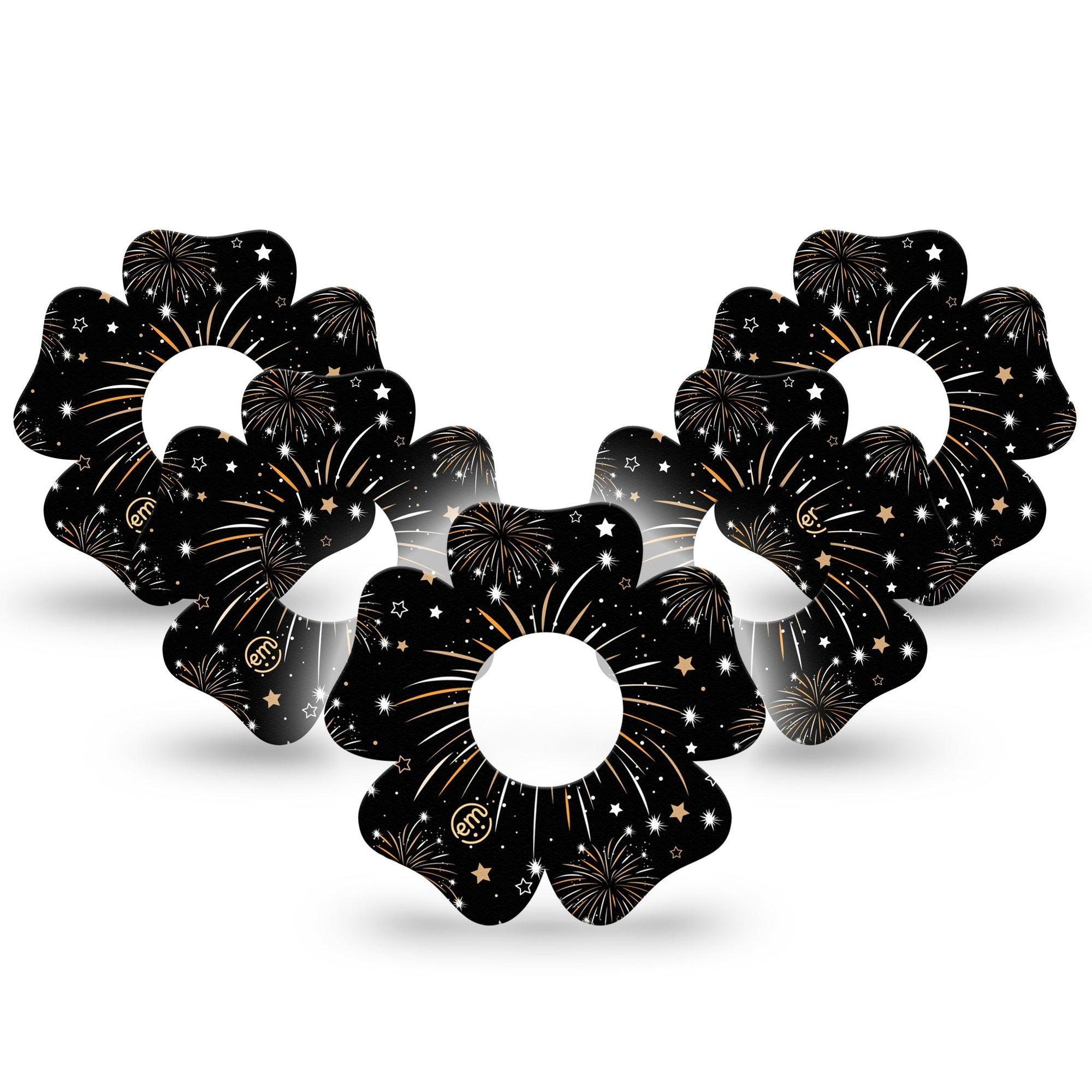 ExpressionMed New Years Fireworks Infusion Set Flower Shape Tape 10-Pack Tape Fireworks And Gold Stars, Plaster Continuous Glucose Monitor Design