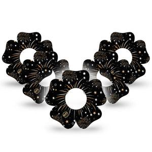 ExpressionMed New Years Fireworks Infusion Set Flower Shape Tape 10-Pack Tape Fireworks And Gold Stars, Plaster Continuous Glucose Monitor Design