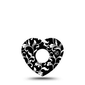 ExpressionMed Fleur de lis Freestyle Libre 3 Heart Shape Tape Single Fancy black white flower vine Overlay Patch CGM Design