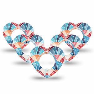 ExpressionMed Watercolor Fan Freestyle Libre, Libre 2 Plus, and Abbott Lingo Heart, 5-Pack Soft blue red tone fan pattern Adhesive Tape for Continuous Glucose Monitor
