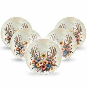 ExpressionMed Floral Antlers Freestyle Libre and Libre 2 Plus Overpatch, Abbott Lingo, 5-Pack Tape Fall Style Antlers Florals, Fixing Ring Patch CGM Design
