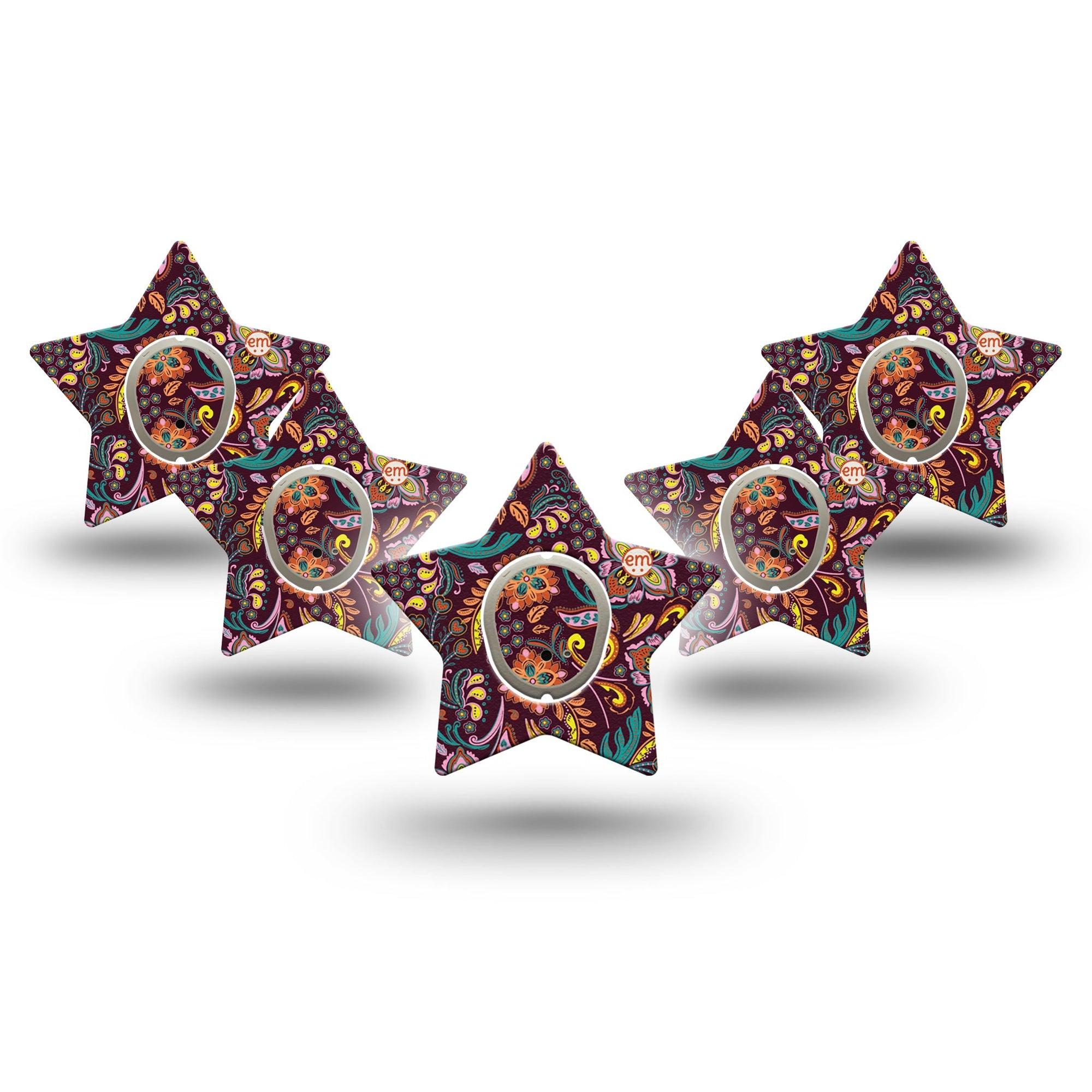 ExpressionMed Ornate Floral Dexcom G7 Star Shape Tape, Dexcom Stelo Glucose Biosensor System, 5-Pack Tape and 5-Pack Sticker Darker Toned Floral Design, Overlay Patch CGM Design