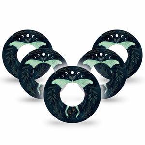 ExpressionMed Luna Moth Freestyle Libre and Libre 2 Plus Tape, Abbott Lingo, 5-Pack Tape Moth and Moons, Fixing Ring Tape Continuous Glucose Monitor Design