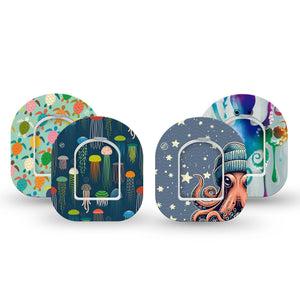 ExpressionMed Underwater Friends Variety Pack Omnipod Mini Tape 4-Pack Tape and 4-Pack Sticker Vivid Jellyfish Octopus Turtles Adhesive Tape Pump Design