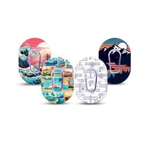 ExpressionMed Wander & Roam Variety Pack Dexcom G6 Mini Tape, 4-Pack Tape and 4-Pack Sticker Variety, Retro Automobile Inspired, Adhesive Tape CGM Design