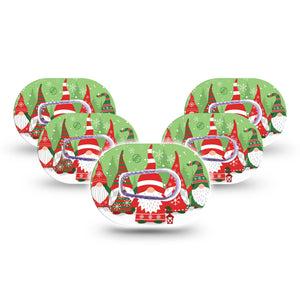 ExpressionMed Holiday Gnomies Dexcom G6 Mini Tape 5-Pack Tape and 5-Pack Sticker Red and Green Theme Gnomes, Adhesive Tape CGM Design