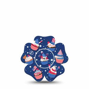ExpressionMed Patriotic Cupcakes Freestyle Libre 2 and Libre 2 Plus Flower Shape Tape, Abbott Lingo, Single Tape and Single Sticker Festive Cupcakes, Plaster CGM Design