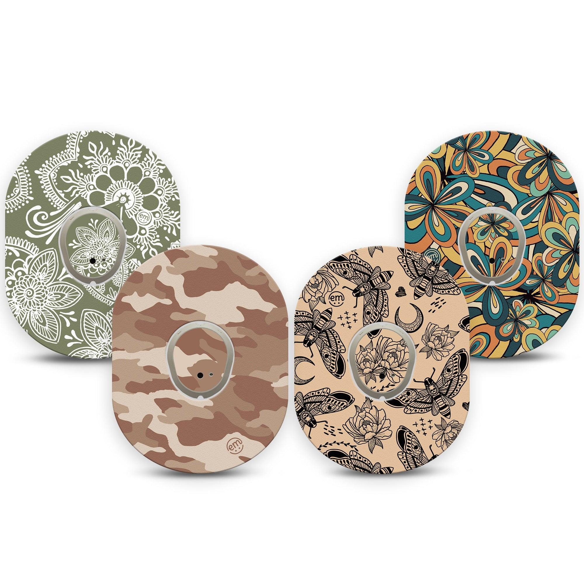ExpressionMed Khaki Florals Variety Pack Dexcom G7 Tape, Dexcom Stelo Glucose Biosensor System, 4-Pack Tape and 4-Pack Sticker Variety Beige Green Camo Flowers, Overlay Tape CGM Design
