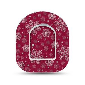 ExpressionMed Silver Snowflakes Omnipod Surface Center Sticker and Mini Tape Maroon Background Silver Snowflakes Vinyl Sticker and Tape Design Pump Design