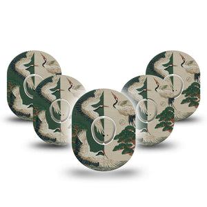 ExpressionMed Tapestry Cranes Dexcom G7 and Dexcom Stelo Glucose Biosensor System, 5-Pack Tape and 5-Pack Sticker Green and white canes trees Accessories for Continuous Glucose Monitor
