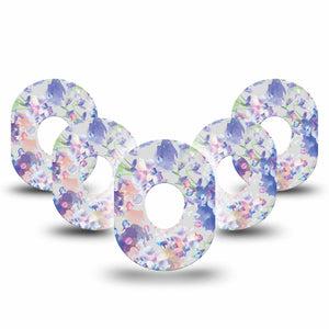 ExpressionMed Dreamy Blooms Dexcom G7 Tape, Dexcom Stelo Glucose Biosensor System, 5-Pack Violet blue delicate petals Overlay Tape Continuous Glucose Monitor Design