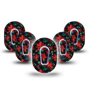 ExpressionMed Christmas Floral Dexcom G6 Mini Tape, 5-Pack Tape and 5-Pack Sticker Poinsettias and Lights, Adhesive Tape CGM Design