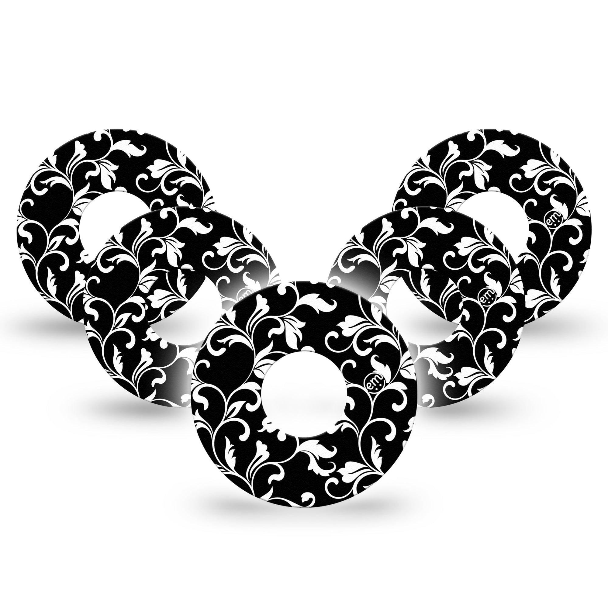 ExpressionMed Fleur de lis Infusion Set Tape 10-Pack Fancy black white flower vine Overlay Patch CGM Design