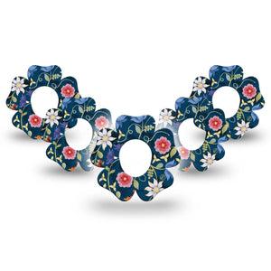 ExpressionMed Floral Folklore Dexcom G7 Flower Shape Tape, Dexcom Stelo Glucose Biosensor System, 5-Pack Navy Backdrop Florals Adhesive Tape CGM Design