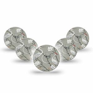 ExpressionMed Cranes Freestyle Libre 3 and Libre 3 Plus, 5-Pack Tape and 5-Pack Sticker Large white bird Sensor Cover for CGM