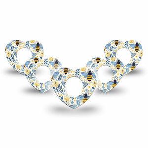 ExpressionMed Busy Bees Dexcom G7 and Dexcom Stelo Glucose Biosensor System Heart, 5-Pack Navy and gold bees Waterproof Adhesive Tape for Continuous Glucose Monitor