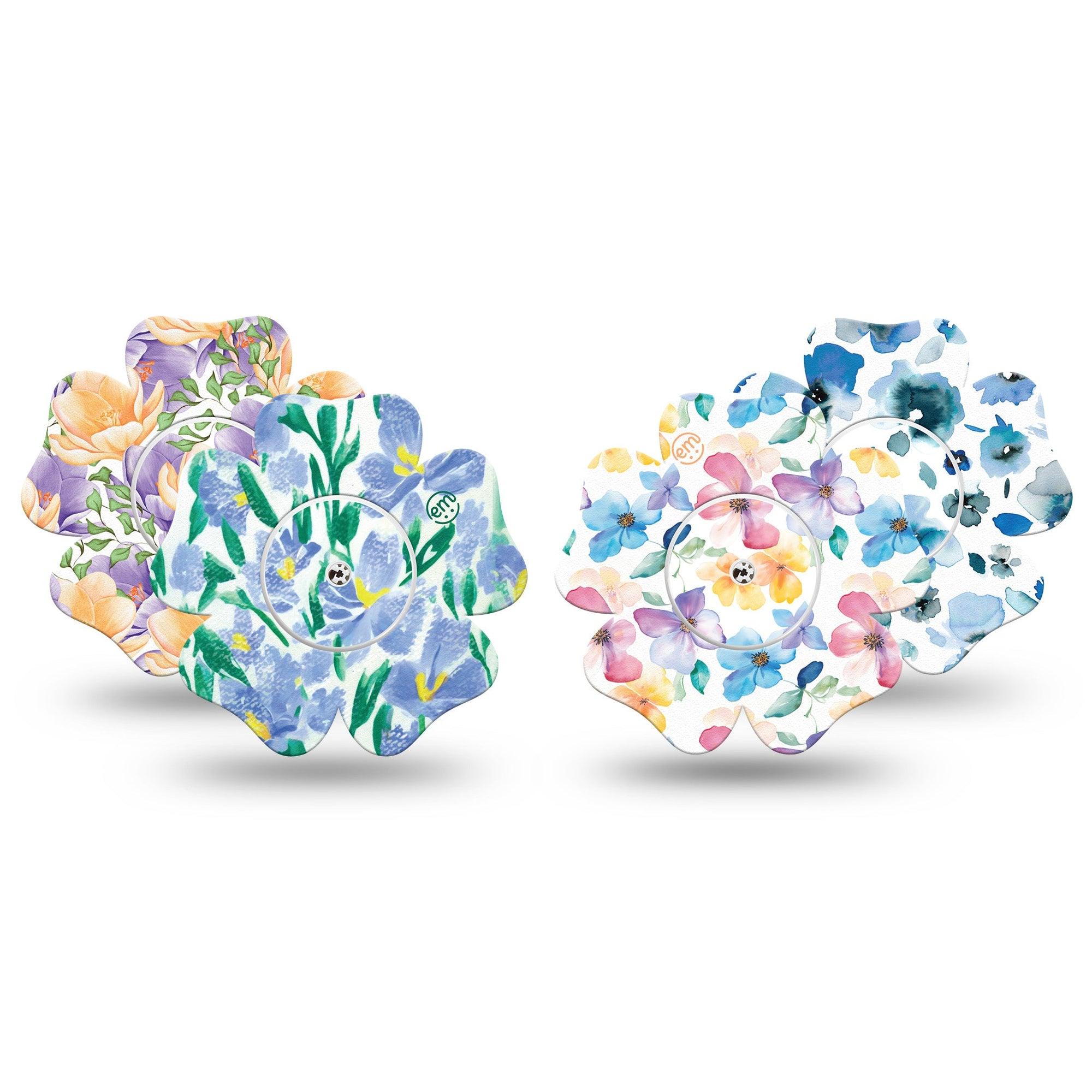 ExpressionMed Dusky Meadow Variety Pack Freestyle Libre 2 and Libre 2 Plus Flower Shape Tape, Abbott Lingo,  4-Pack Tape and 4-Pack Sticker Spring Colors Flowers, Fixing Ring Tape CGM Design