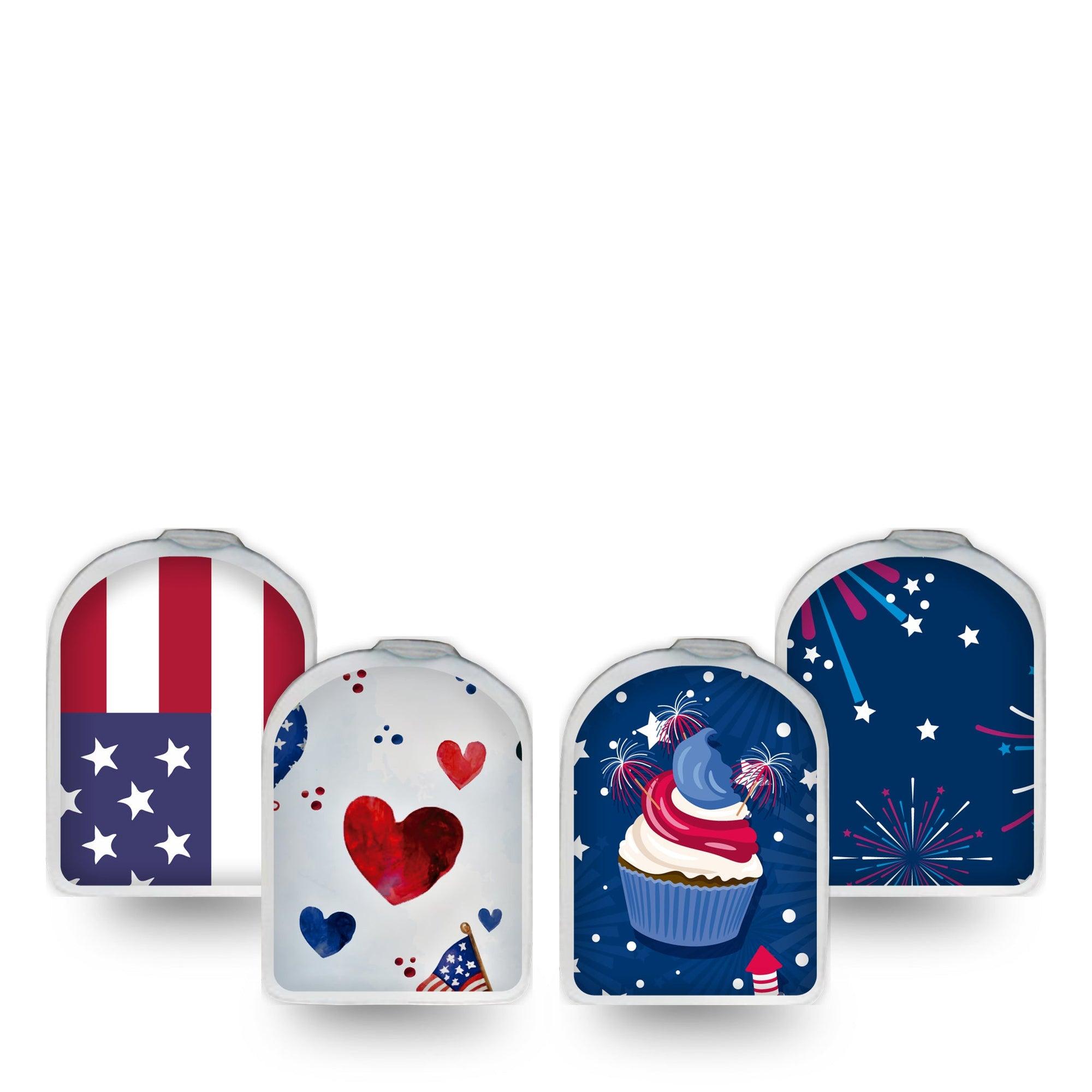 ExpressionMed July Celebration Omnipod Surface Center Sticker 4-Pack Variety Red White Blue Fun Kid Designs Vinyl Decoration Pump Design