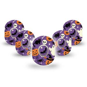 ExpressionMed Happy Halloween Dexcom G7 Mini Tape, Dexcom Stelo Glucose Biosensor System,  5-Pack Tape and 5-Pack Sticker Purple Backdrop Halloween Theme Patch Continuous Glucose Monitor Design