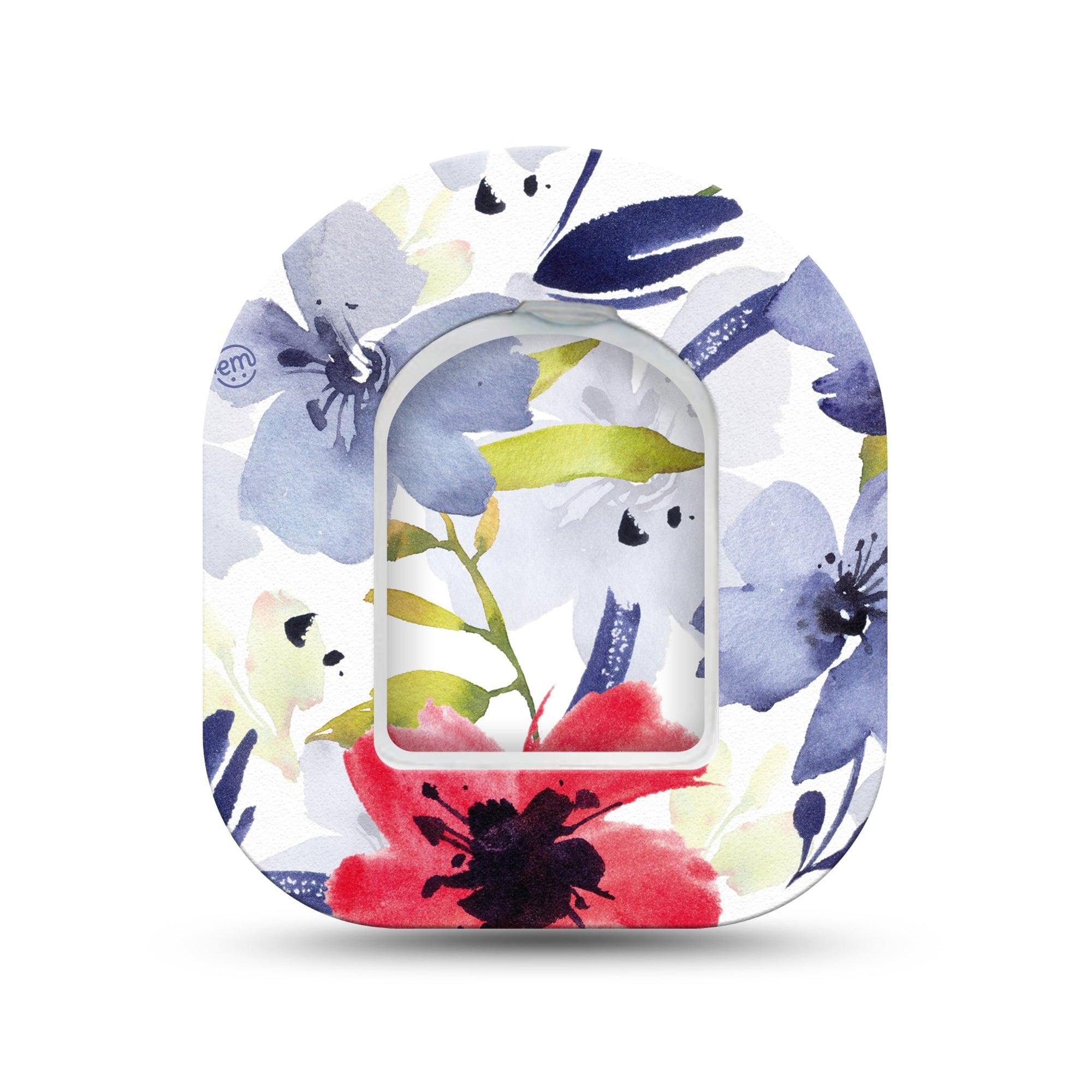ExpressionMed Red, White, & Blue Flowers Omnipod Surface Center Sticker and Mini Tape Watercolored Florals Themed Vinyl Sticker and Tape Design Pump Design