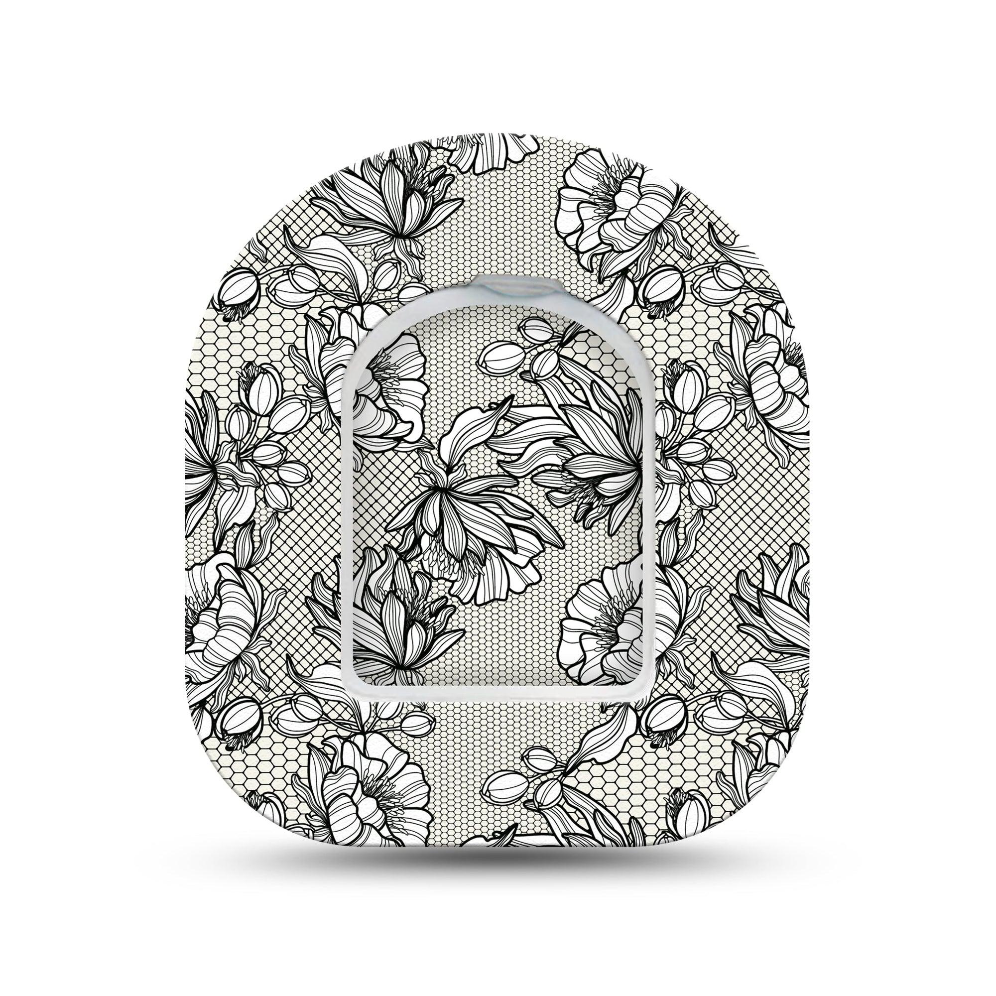 ExpressionMed Black Lace Omnipod Surface Center Sticker and Mini Tape Black And White Floral Inspired Vinyl Sticker and Tape Design Pump Design