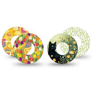 ExpressionMed Vivid Garden Freestyle Libre, Libre 2 Plus, and Abbott Lingo, 4-Pack Tape Sweet cat in florals Decorative Patch for Continuous Glucose Monitor