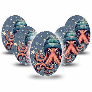 ExpressionMed Hipster Octopus Medtronic Guardian Enlite Universal Oval 5-Pack Beanie wearing Octopus Plaster Continuous Glucose Monitor Design