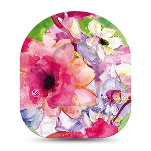 ExpressionMed Watercolor Red Flowers Omnipod Tape Single Tape and Single Sticker Vibrant Pink Red Artwork Florals Adhesive Patch Pump Design