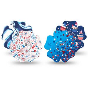 ExpressionMed Firecracker Frenzy Variety Pack Freestyle Libre 3 and Libre 3 Plus Flower Shape Tape 4-Pack Tape and 4-Pack Sticker Red White Blue Celebration, Overlay Tape CGM Design