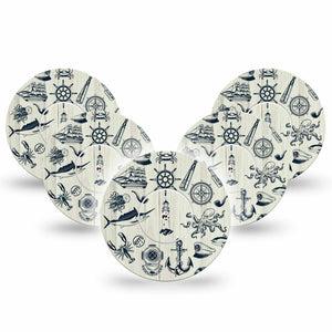 ExpressionMed Nautical Seas Freestyle Libre and Libre 2 Plus Tape, Abbott Lingo, 5-Pack Tape and 5-Pack Sticker Navy Prints Wood, Fixing Ring Tape Continuous Glucose Monitor Design