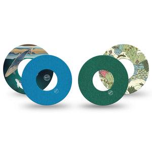 ExpressionMed Seaside Pines Variety Pack Freestyle Libre and Libre 2 Plus Tape, Abbott Lingo, 4-Pack Tape Variety Cool Tone Greens Blues, Fixing Ring Tape Continuous Glucose Monitor Design