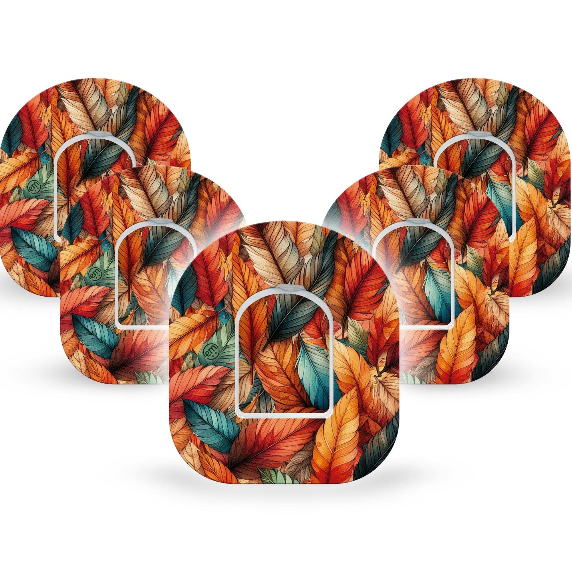 ExpressionMed Fall Leaf Feathers Omnipod Tape 5-Pack Tape and 5-Pack Sticker Decorative Fall Inspired Feathers Adhesive Patch Pump Design