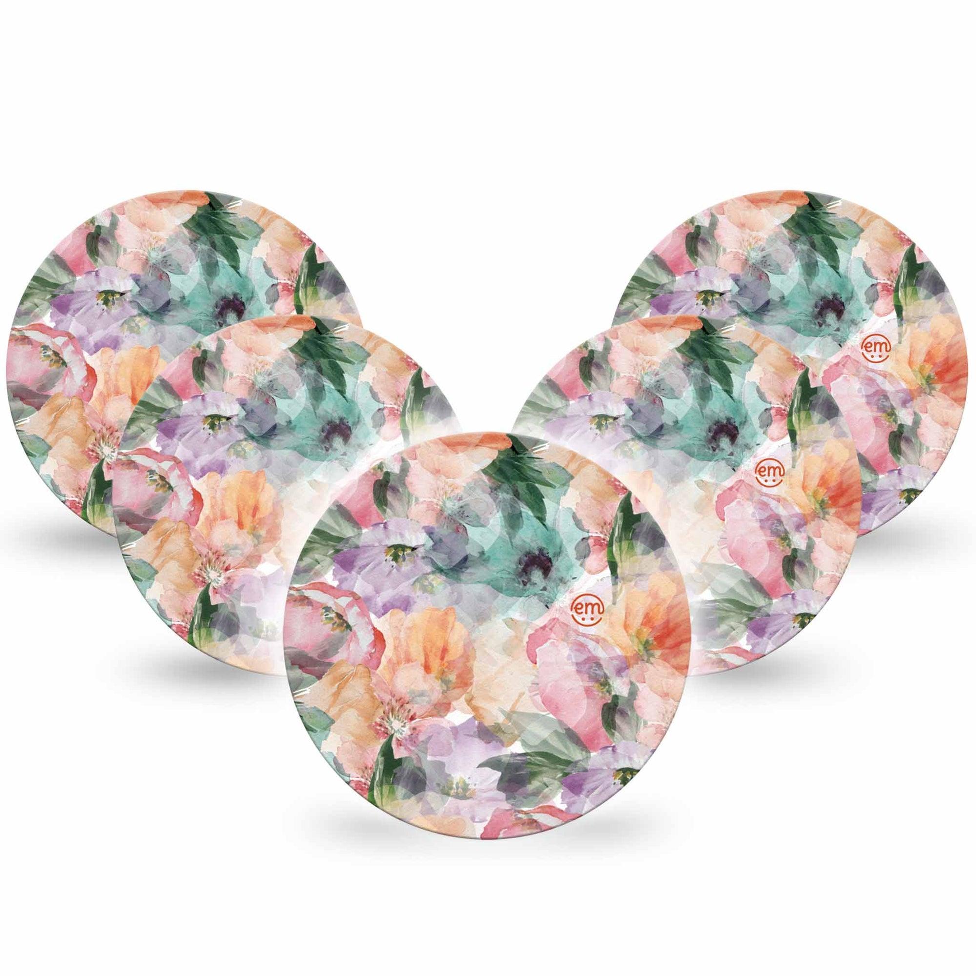 ExpressionMed Flower Clouds Freestyle Libre Overpatch, Abbott Lingo, 5-Pack Tape Peachy and Pink Petals Fixing Ring Patch CGM Design