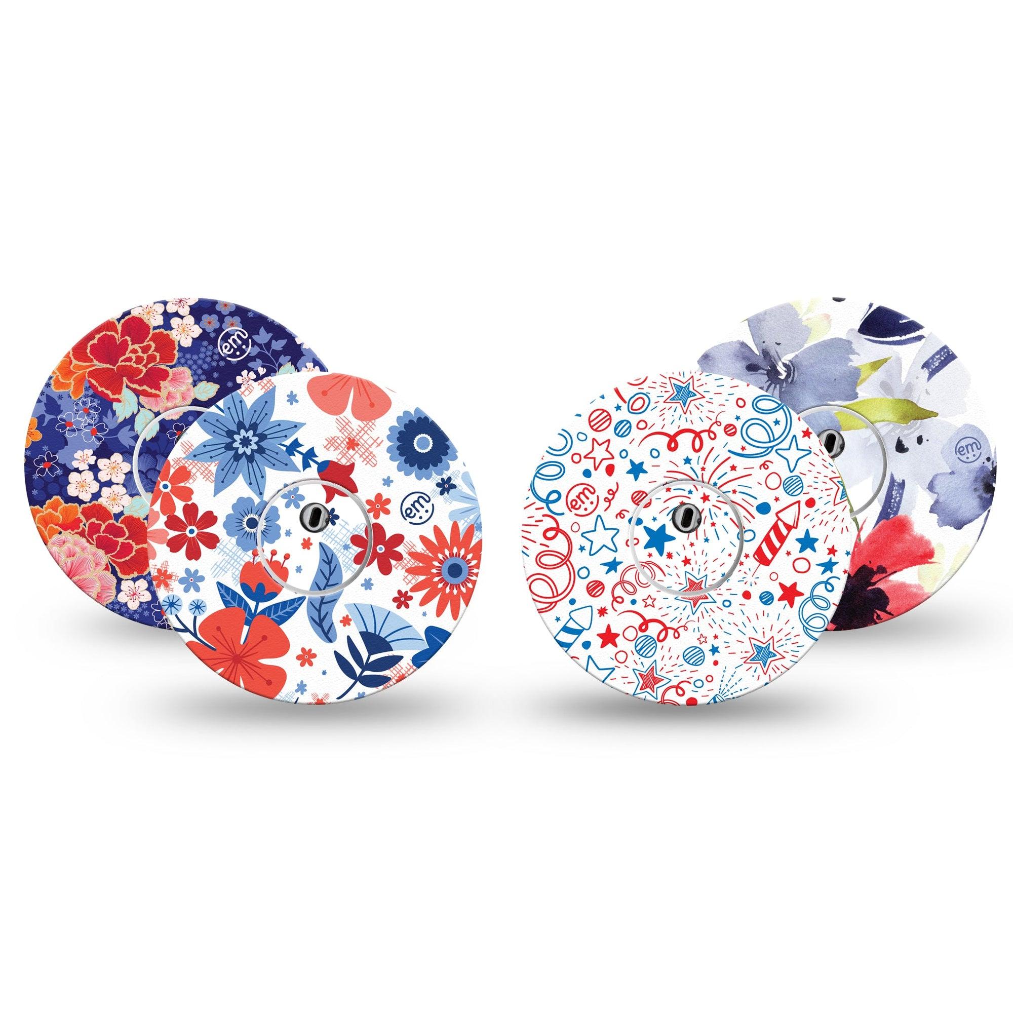 ExpressionMed Summer Flowers Freestyle Libre 3 Tape 4-Pack Tape and 4-Pack Stickers Variety Red White Blue Flower Mix Adhesive Tape CGM Design