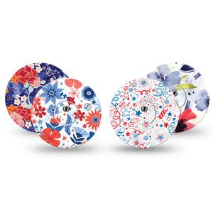 ExpressionMed Summer Flowers Freestyle Libre 3 Tape 4-Pack Tape and 4-Pack Stickers Variety Red White Blue Flower Mix Adhesive Tape CGM Design