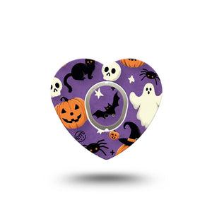 ExpressionMed Happy Halloween Dexcom G7 Heart Shape Tape, Dexcom Stelo Glucose Biosensor System, Single Tape and Single Sticker Bones Ghosts Pumpkins Items Overlay Patch CGM Design